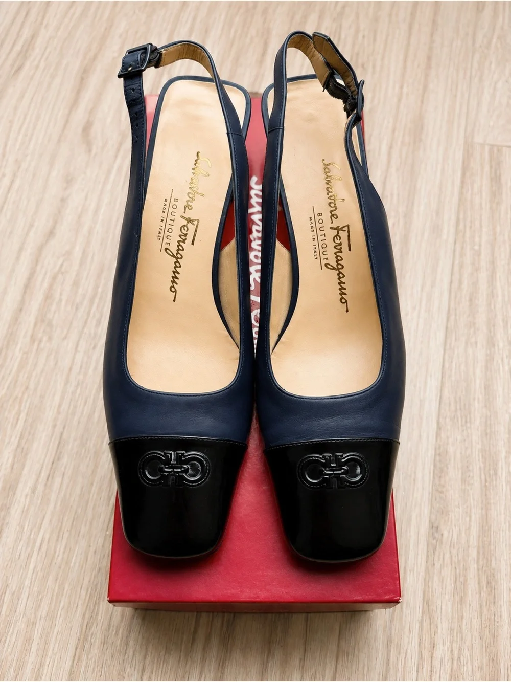 Salvatore Ferragamo Black Leather & Patent Slingback Pumps